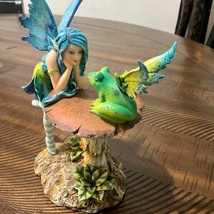 Enchanted Fairy and Frog Figurine - Blue and Green